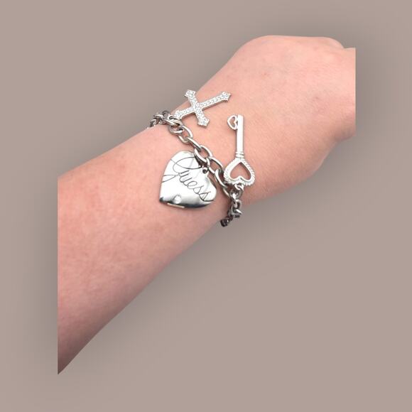 Guess Heart Key Cross Silver Charm Bracelet with Rhinestones - Picture 10 of 10